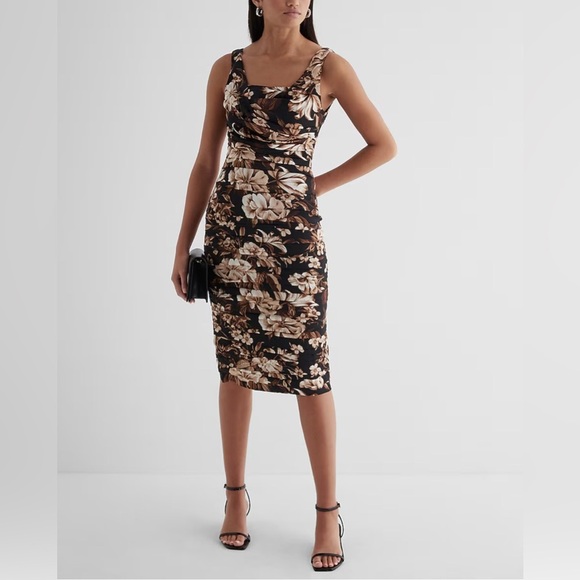 Express Dresses & Skirts - Express Elegant Ruched Floral Midi Dress – Black, Brown & Beige – size 4